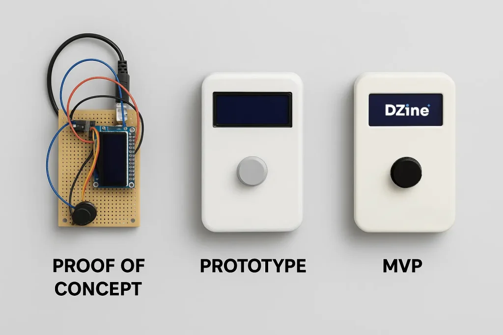 Side-by-side comparison of a product’s development stages: proof of concept with wires, a 3D-printed prototype, and a polished MVP on a neutral background.